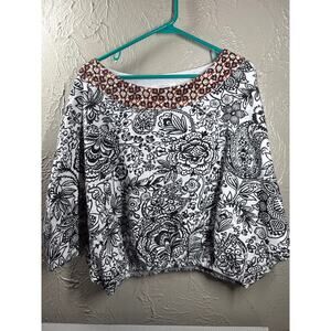Anthropologie Samia French Terry Top Floral Dolman Elastic Hem White Black XS